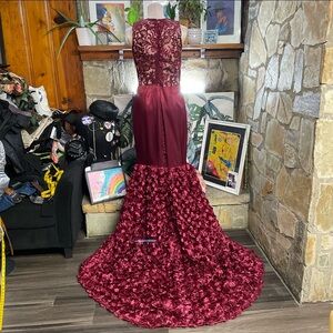 NWOT Burgundy Handmade Floral Prom Gown